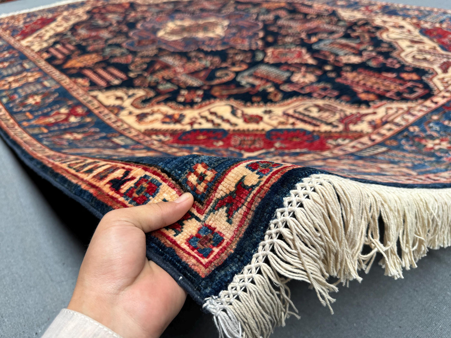 Handmade Heriz Rug 7x10 ft – Hand-Knotted Persian Area Rug, Dark Navy, Red & Ivory, Traditional Geometric Medallion, Oriental Wool Carpet