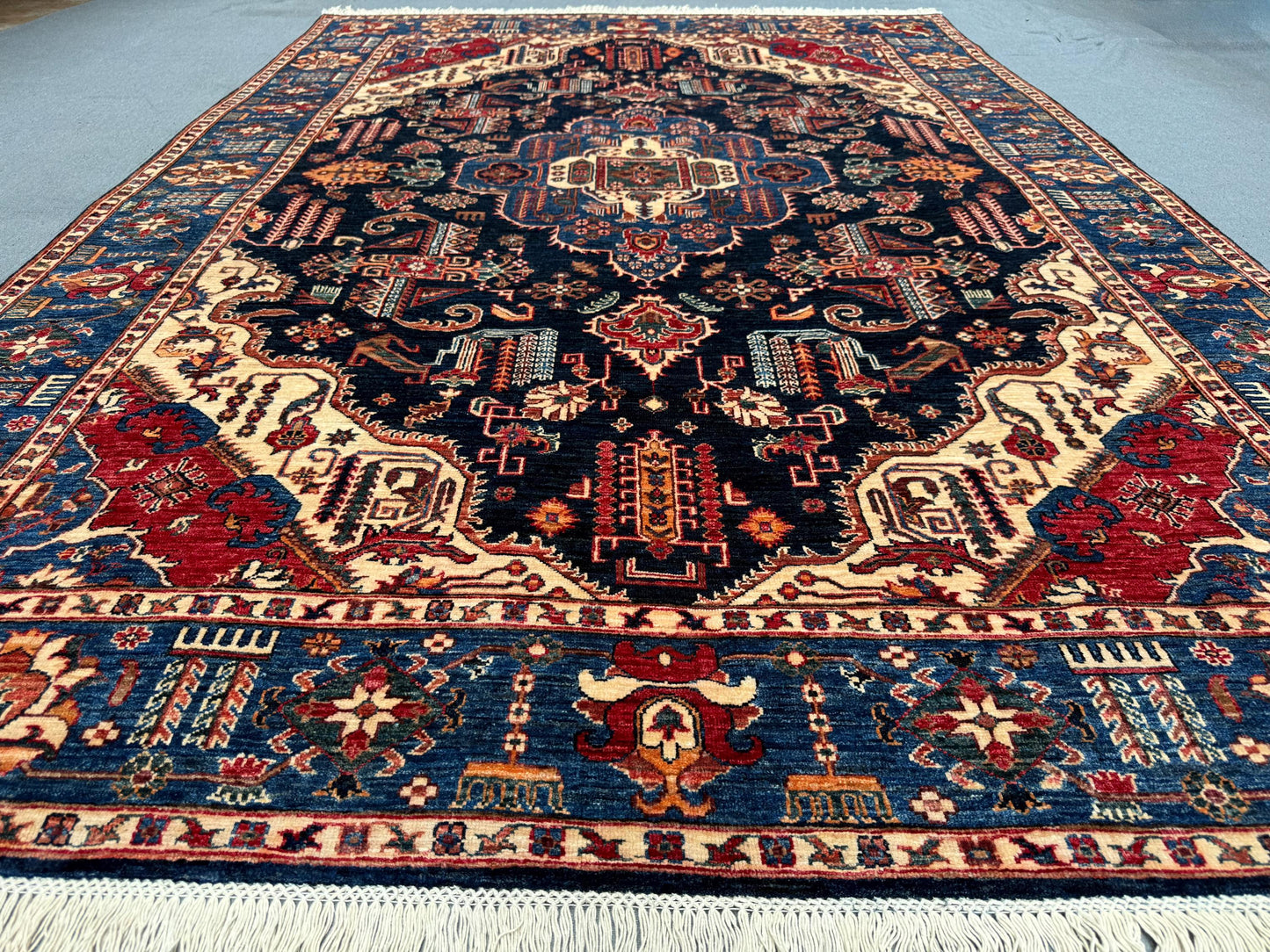 Handmade Heriz Rug 7x10 ft – Hand-Knotted Persian Area Rug, Dark Navy, Red & Ivory, Traditional Geometric Medallion, Oriental Wool Carpet