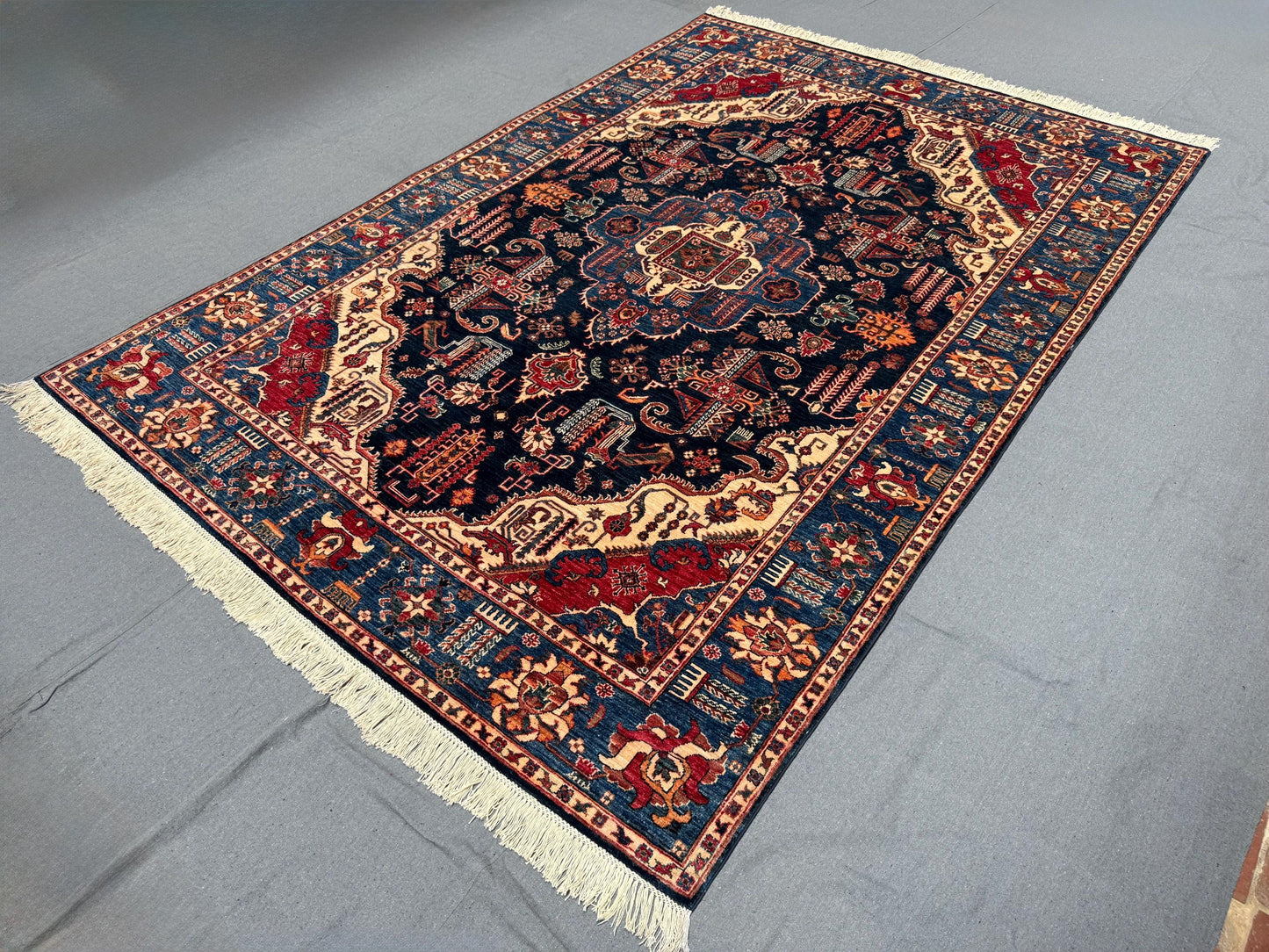 Handmade Heriz Rug 7x10 ft – Hand-Knotted Persian Area Rug, Dark Navy, Red & Ivory, Traditional Geometric Medallion, Oriental Wool Carpet