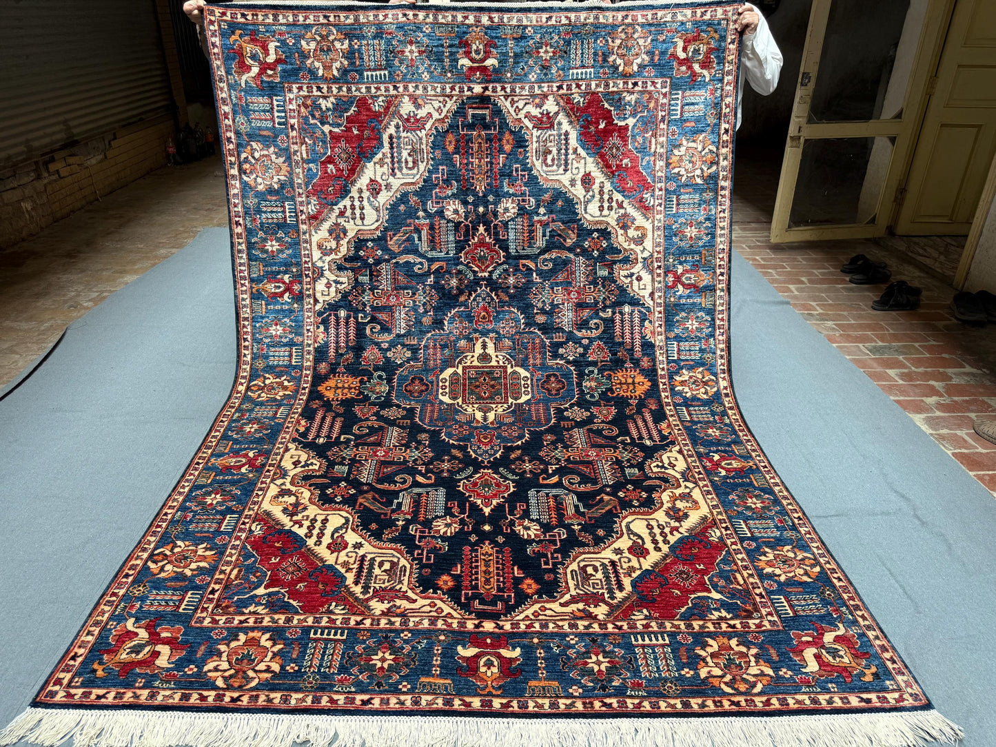 Handmade Heriz Rug 7x10 ft – Hand-Knotted Persian Area Rug, Dark Navy, Red & Ivory, Traditional Geometric Medallion, Oriental Wool Carpet