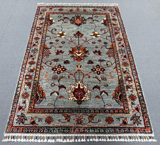 Handmade Floral Wool Rug 4x5 ft – Modern Oriental Style Carpet with Gray Background and Multicolor Accents, Elegant Small Area Rug