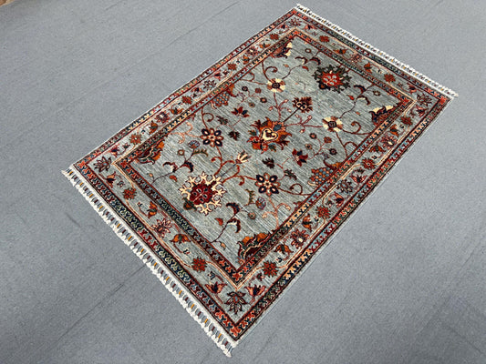 Handmade Floral Wool Rug 4x5 ft – Modern Oriental Style Carpet with Gray Background and Multicolor Accents, Elegant Small Area Rug