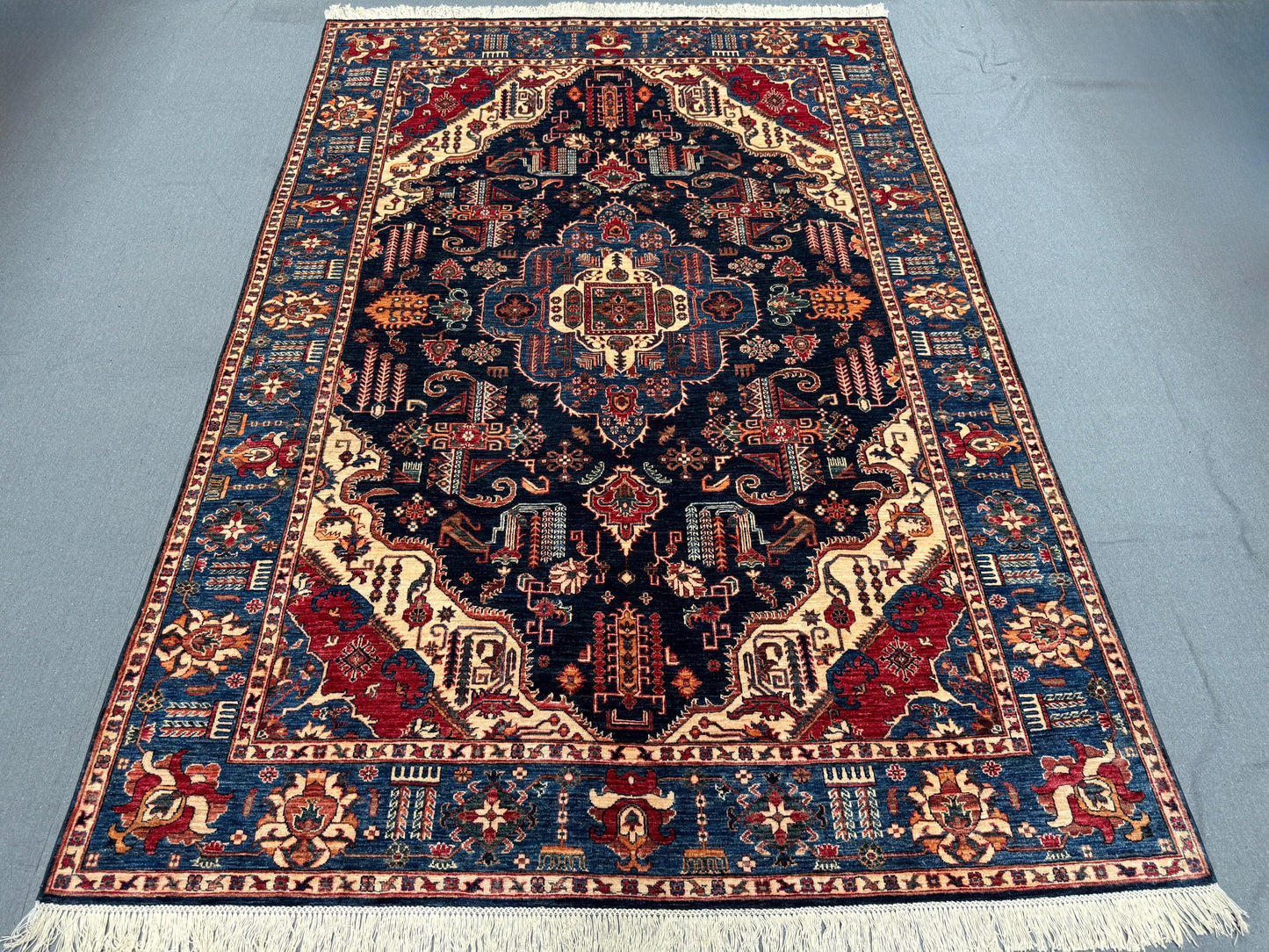 Handmade Heriz Rug 7x10 ft – Hand-Knotted Persian Area Rug, Dark Navy, Red & Ivory, Traditional Geometric Medallion, Oriental Wool Carpet