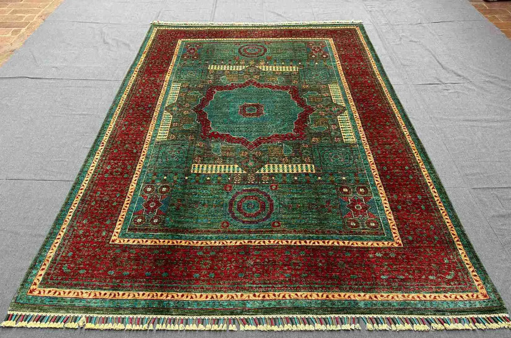 6x8 Persian-style red and teal rug styled in modern interior