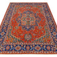 Handmade red and blue oriental rug 7x9 on white background