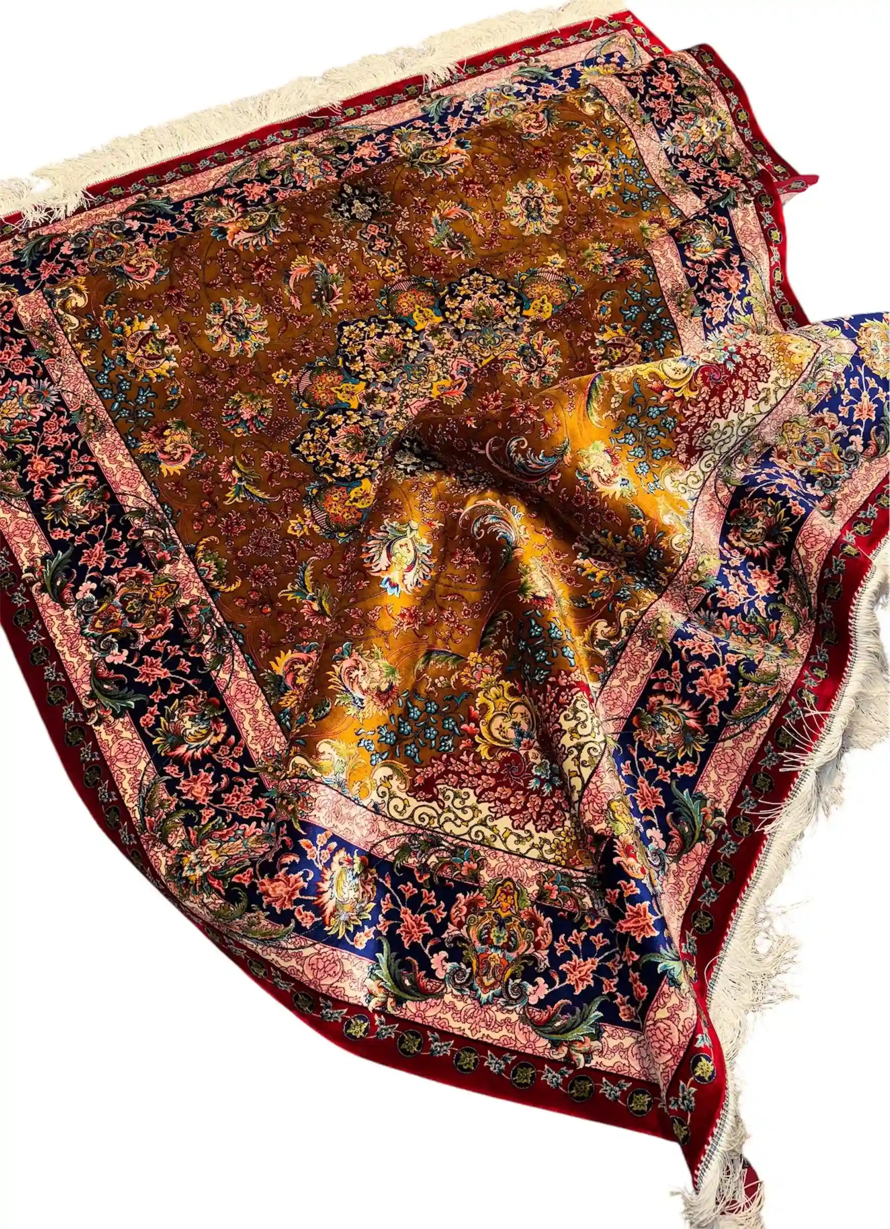 Handmade 5x7 Persian silk rug folded – soft pile and intricate weave