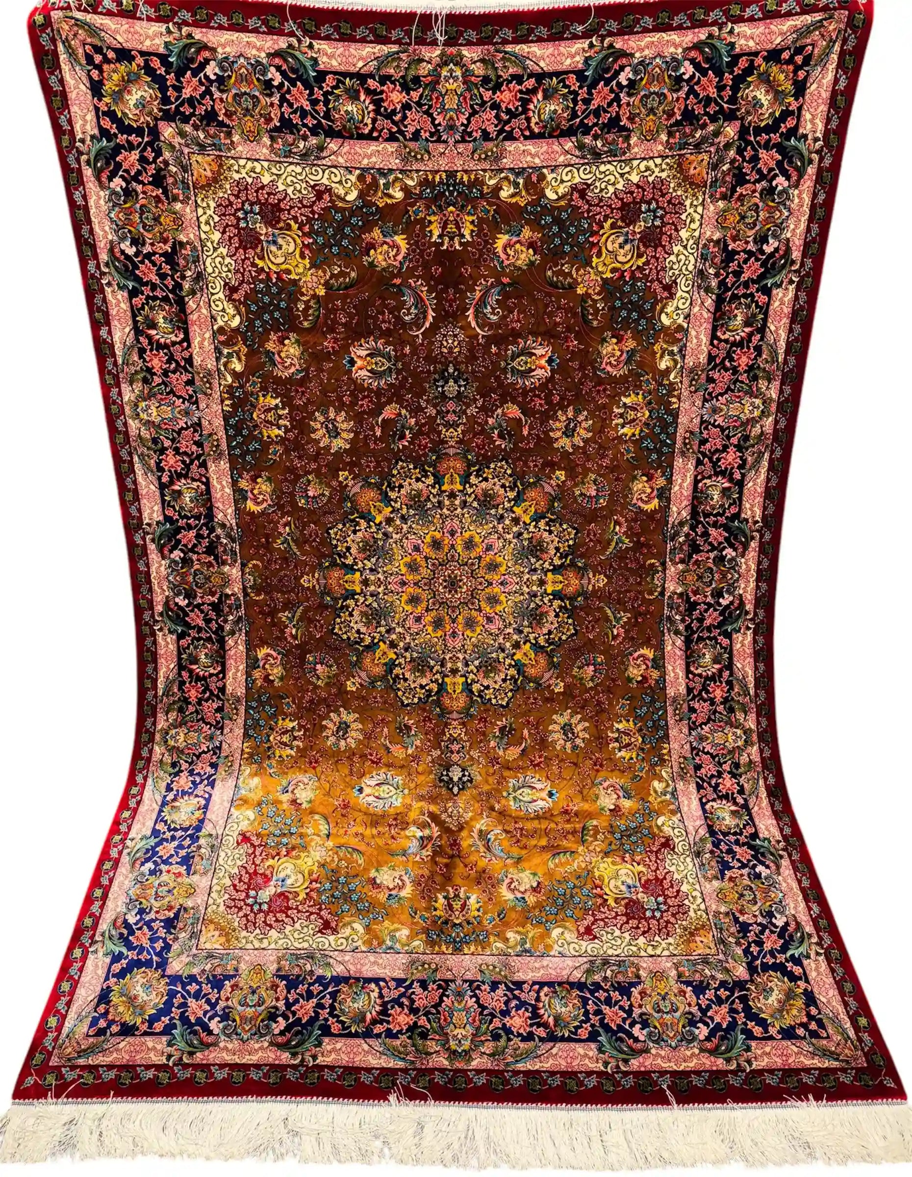 Full top-down view of 5x7 handmade Persian silk medallion rug