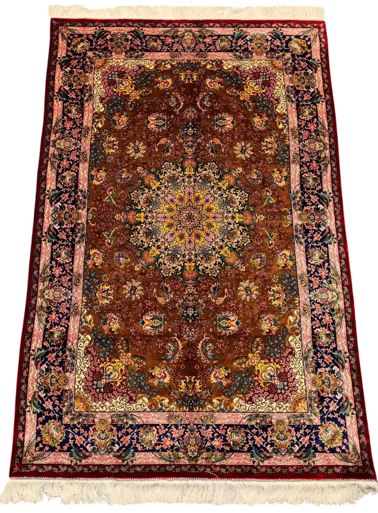 5x7 Persian silk area rug on floor – brown and multicolor luxury rug