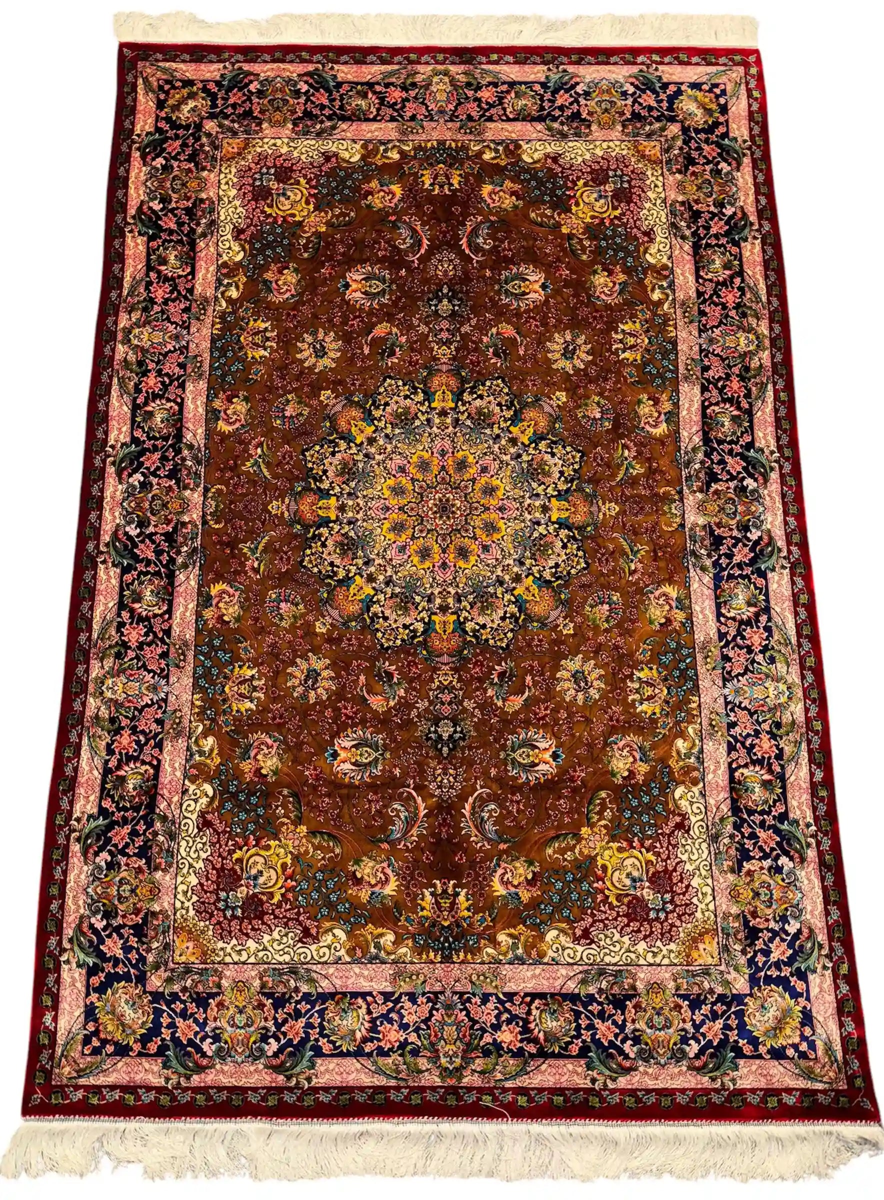 5x7 Persian silk area rug on floor – brown and multicolor luxury rug