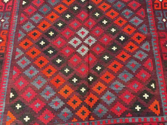 Close-up texture of oriental wool flatweave – traditional 8x12 Turkish Kilim rug.
