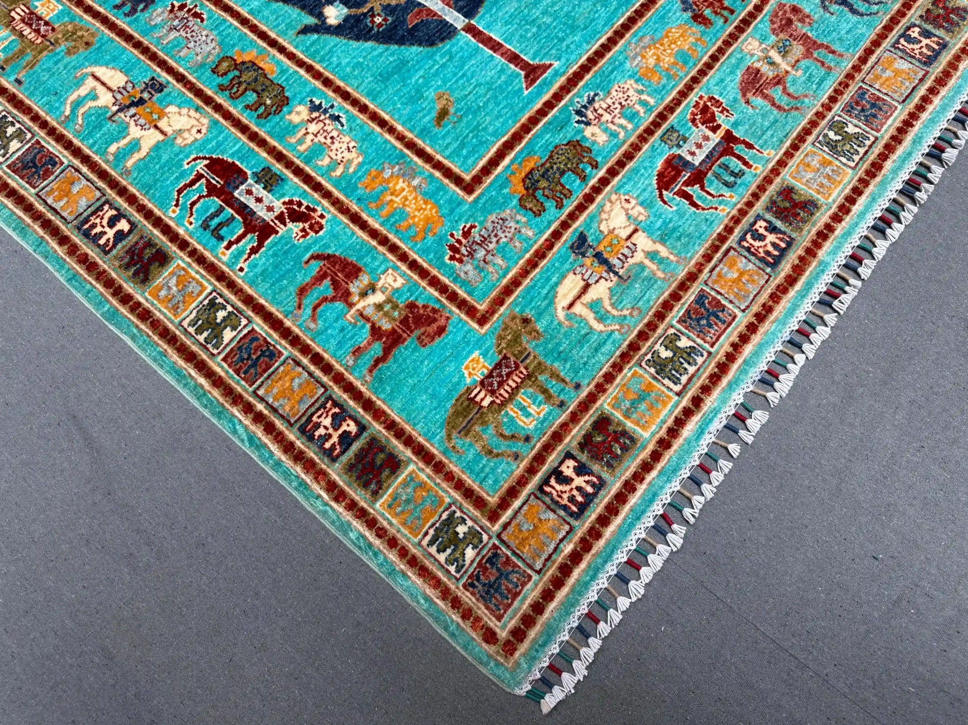 Wool texture of turquoise handmade Tree of Life rug