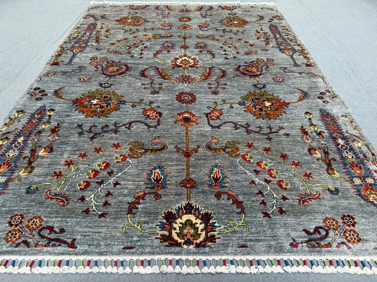 Tree of Life Rug 5x7 ft – Handmade Wool Area Rug with Botanical Design – Gray Background with Colorful Floral Motifs – Turkish Accent Carpet