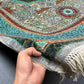 Handmade turquoise and green Mamluk rug in hands – 5x8 wool and silk Oriental carpet