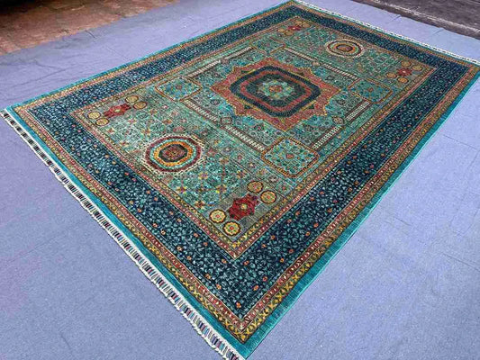 Handmade 6x9 vintage Mamluk rug styled on living room floor – wool silk Oriental design