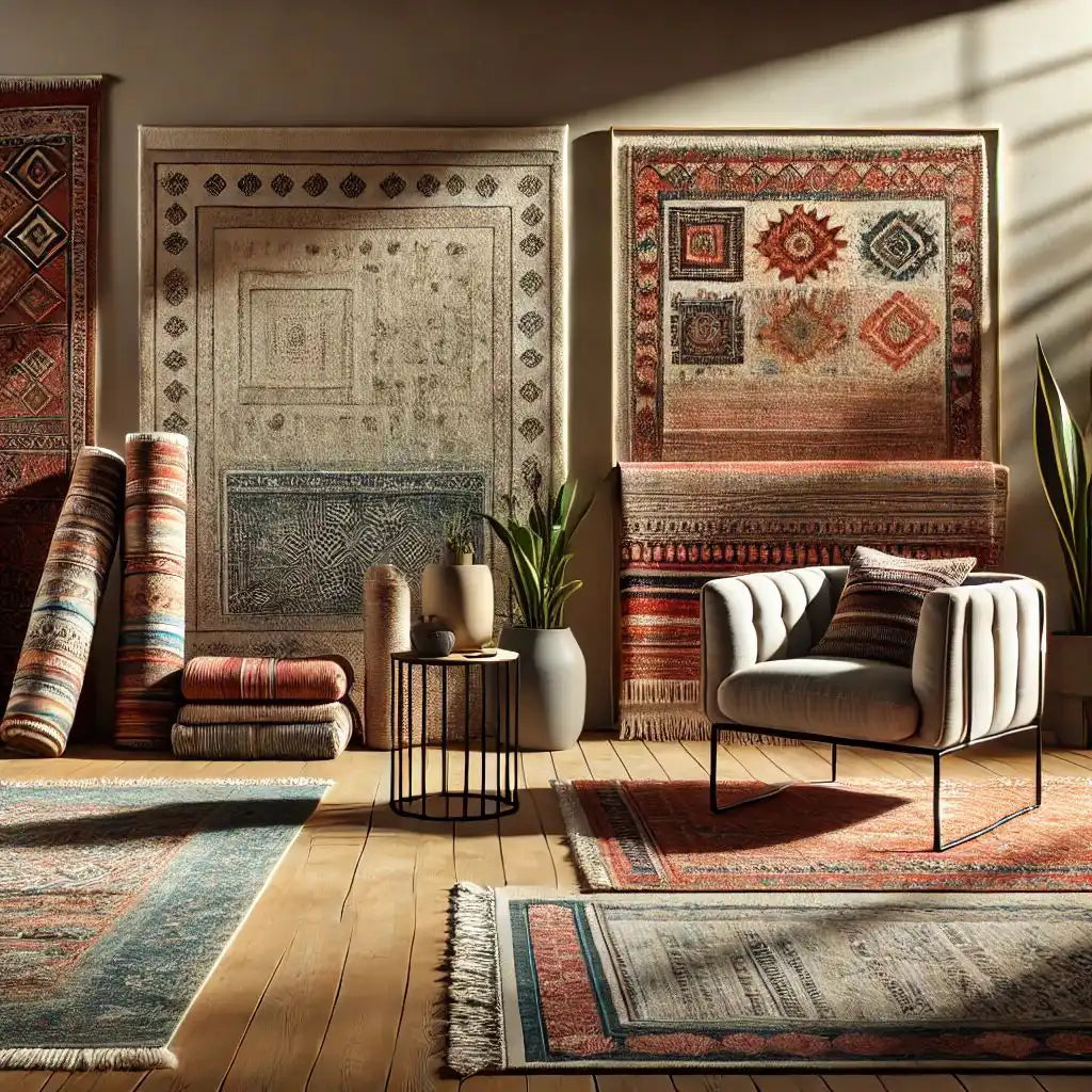 Boho and oriental rugs from Weirugs displayed in a cozy, modern living room setup with rolled and hanging carpets, a plush armchair, and warm natural lighting