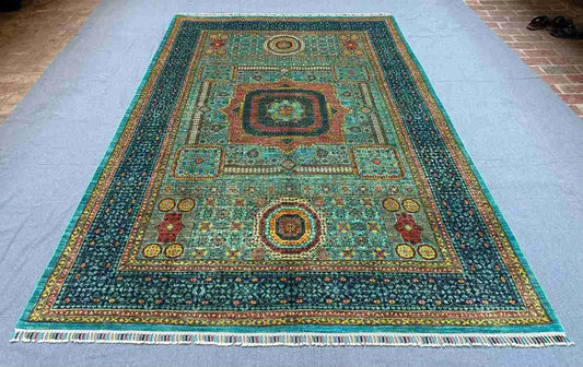 Floor layout view of wool on silk Mamluk rug – 6x9 Turkish-Afghan handmade piece