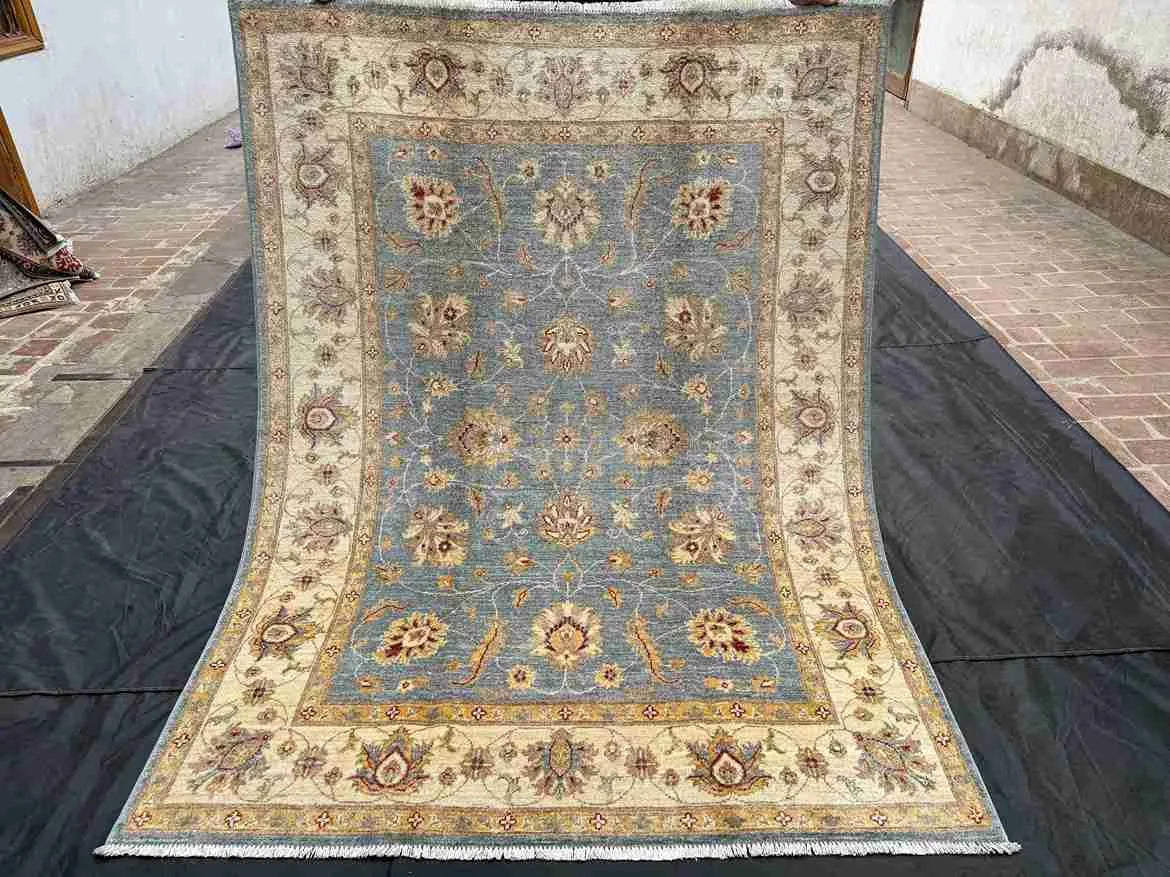 Full view of Authentic Handmade Ziegler Chobi Rug 5x7 ft in blue wool